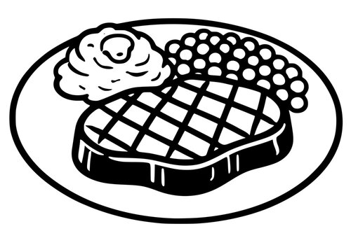 Stylized black vector illustration of a grilled steak with crosshatch marks, mashed potatoes with garnish, and peas neatly arranged on a plate, classic meal icon design.