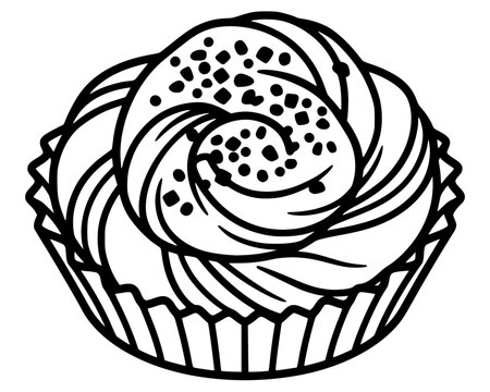 Black illustration of Kanelbulle pastry with spiral swirl. Bold vector artwork symbolizing Swedish bakery, dessert, and caf&eacute; culture in stylized form.