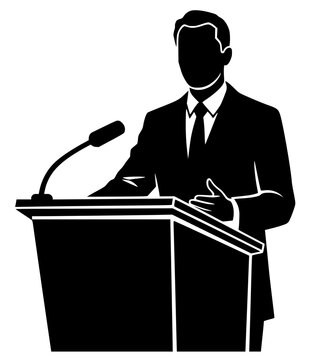 Black silhouette of a formal speaker at podium with microphone, symbolizing public speaking, leadership, presentation, and communication in conferences or events.
