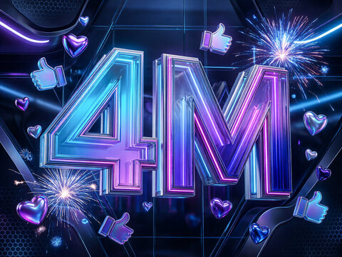 Futuristic 4M Celebration Typography with Holographic Neon Glass and 3D Icons