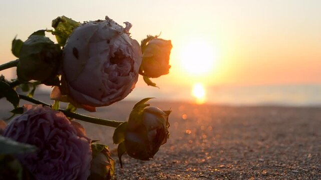 Rose flowers lying on sand beach of sea shore coast at sunset dawn. Blossoming blooming flowers of pink roses on sand of sea coast with setting rising sun. Concept romance mood romantic concept