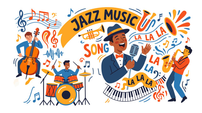 A vibrant illustration of jazz musicians playing music together in harmony