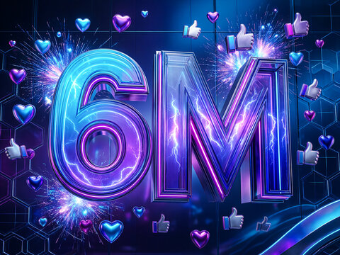 Futuristic 6M Celebration Typography with Holographic Neon Glass and 3D Icons