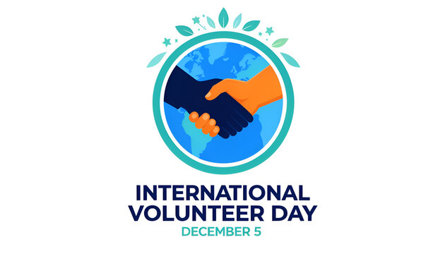 Inspiring vector graphic illustrating international volunteer day on december 5th with a symbol of two diverse hands shaking over a stylized earth representing global unity cooperation and community