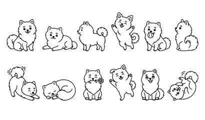 Fototapeta premium Cute Kawaii Pomeranian Dog Outline Coloring Book Vector Collection