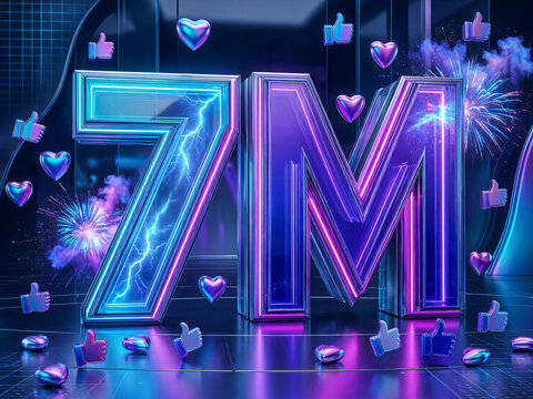 Futuristic 7M Celebration Typography with Holographic Neon Glass and 3D Icons