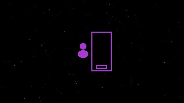Minimalist purple outline icon of a person standing next to a vertical rectangular shape on a dark textured background 4K Motion Video