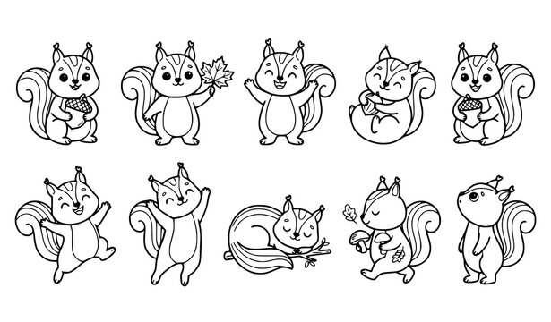 Kawaii Squirrel Coloring Page Cute Forest Animal Vector Set