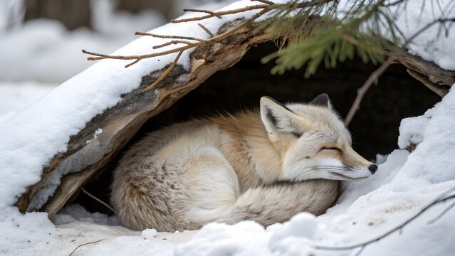 A curled up fox sleeping peacefully in its snowy den entrance