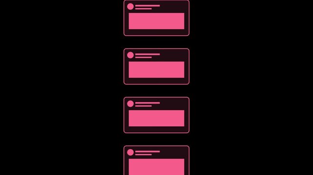 Pink social media post interface templates arranged in a vertical column on a dark black background 4K Motion Video