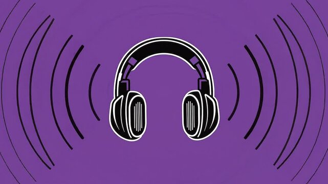 Animated headphones icon with radiating sound waves across bold colored backgrounds, suitable for music, podcast, or audio branding use.