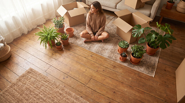 Woman sitting among potted plants in apartment during moving day