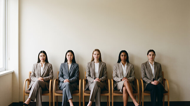 Five diverse women sitting in row wearing business attire