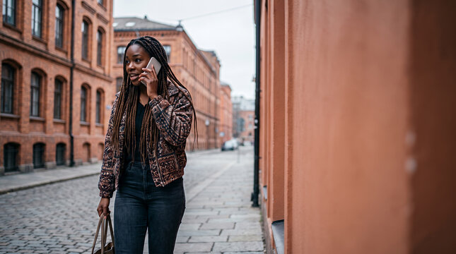 Young Black woman with braids walking through urban brick street district