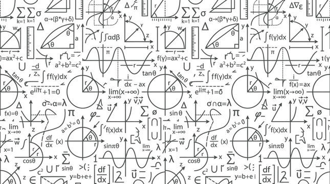 Abstract pattern of mathematical equations and diagrams scattered across a white background.