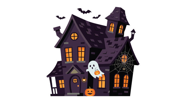 Spooky Haunted House with Ghost and Bats, Halloween Illustration