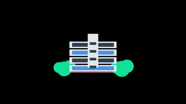 Modern multi story office building icon with green trees on the sides 4K Motion Video