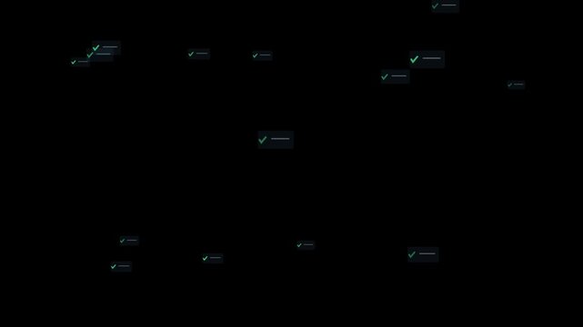 Set of teal check mark icons with text lines on a dark background for digital user interface design and task completion status indicators 4K Motion Video