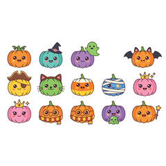 Fototapeta premium Halloween Themed Cartoon Pumpkin Faces Characters.