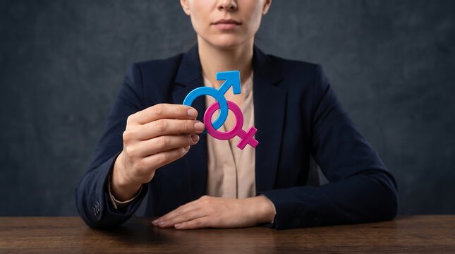 Professional business woman holding linked male and female gender symbols representing equality and inclusion concept