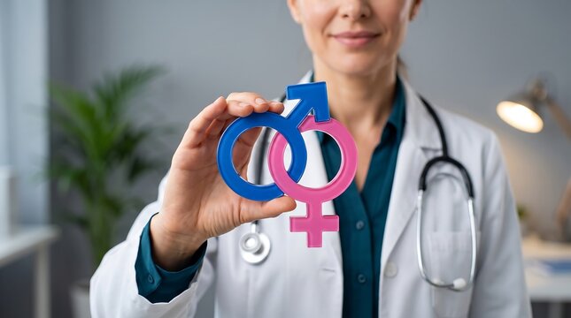 Female doctor holding blue and pink gender symbols for reproductive health awareness in medical office professional concept