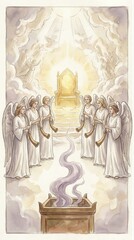 Fototapeta premium Angels playing trumpets around a golden throne of God in heaven. Biblical scene of the final judgment and apocalypse. Religious illustration representing divine power and glory.