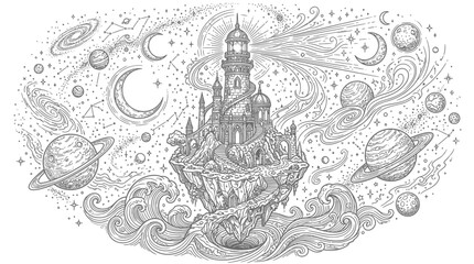Naklejka premium Mystical cosmic lighthouse on floating island with planets and stars line art illustration