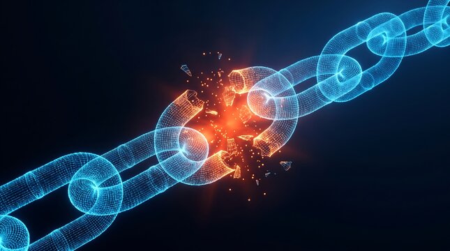 Digital Glowing Chain Breaking with Sparks Digital Art Concept for Cyber Security Blockchain Data Breach Background