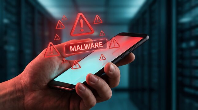 Malware Alert on Smartphone Screen in Server Room Background for Cybersecurity and Mobile Data Protection Concepts.