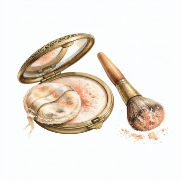 Vintage makeup compact powder case with mirror, powder puff, and cosmetic brush watercolor illustration