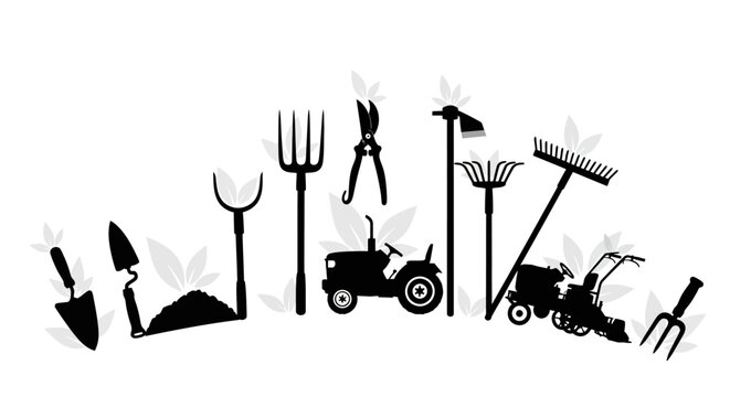 Gardening tools and equipment silhouettes on white background with equipment including shovels black silhouettes various rakes tractors arranged