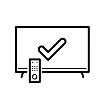 Smart TV line icon with remote control and checkmark. Outline vector illustration for successful television setup, approved media, channel connection, or digital entertainment interface.