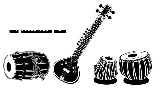 Black and white illustration of traditional indian musical instruments with sitar tabla flute