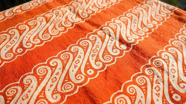 Close-up of traditional orange and white Indonesian batik textile.