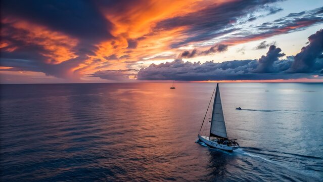A lone sailboat gliding on the ocean at sunset