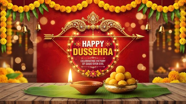 Happy dussehra celebration with traditional sweets, diya lamp, and bow and arrow on a wooden table with marigold decorations