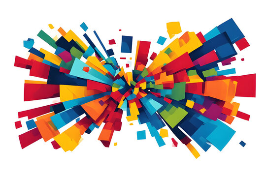 Abstract colorful geometric explosion with 3D rectangles and cubes burst effect on white background