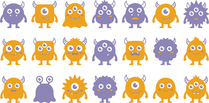 Cute cartoon monster collection, 21 friendly alien character icons in purple and orange, playful flat vector illustration set for kids