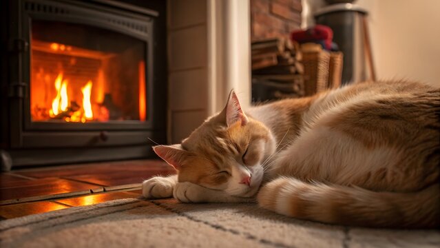 Sleeping cat curled up by a warm cozy fireplace indoors