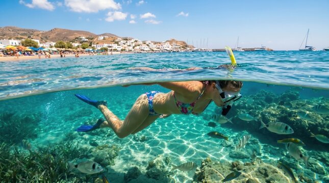 Snorkeling woman swimming in clear turquoise water with fish below surface and coastal town with boats above.