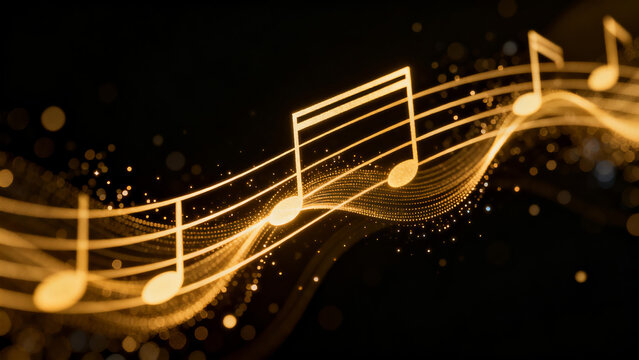 golden musical notes on staff with particle light effects