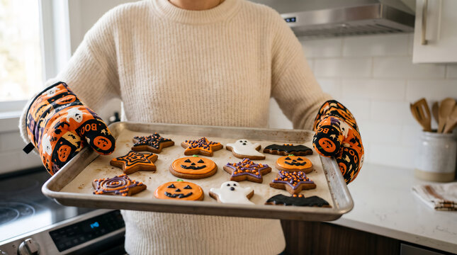 Person wearing oven mitts holding a baking sheet filled with ghost, pumpkin, and bat Halloween cookies.