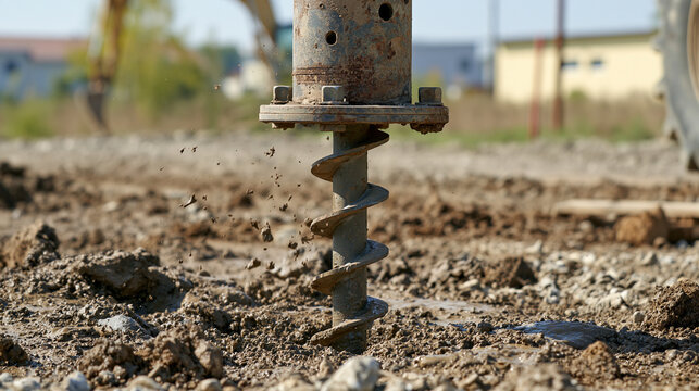 Close up of a powerful industrial auger drill bit digging into the muddy ground at a construction site with flying dirt and debris, heavy machinery equipment working outdoors