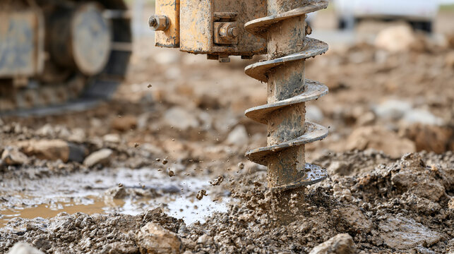 Close up of a powerful industrial auger drill bit digging into wet mud and rocky soil on a construction site with heavy machinery equipment