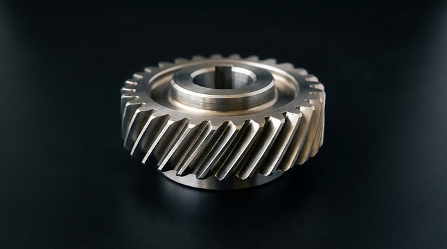 A precision metal helical gear isolated on a dark background for engineering concepts.