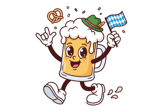 Retro vintage cartoon walking beer mug png Oktoberfest beer mascot cartoon illustration with cheerful beer mug character, Bavarian hat and flag, pretzel, festive confetti