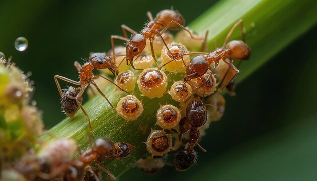 Ants Tending Scale Insects for Honeydew Exchange on Tropical Plant Stem