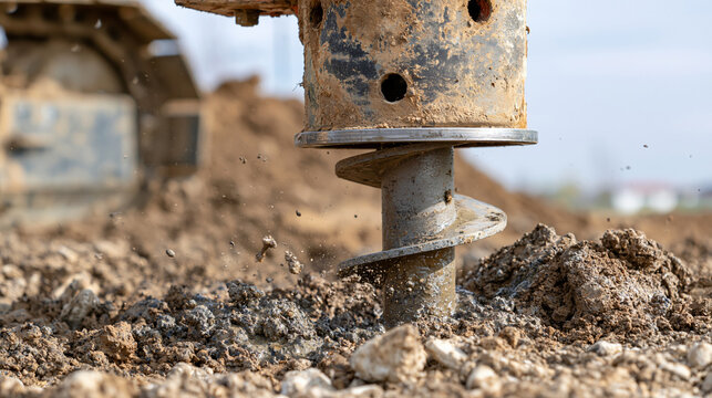 Close up of a powerful industrial auger drill bit digging into the muddy ground at a construction site with flying dirt and debris