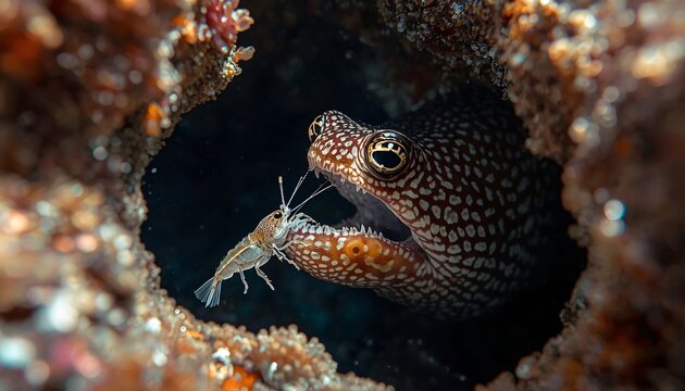 Cleaner Shrimp Grooming Moray Eel at Tropical Coral Reef Cleaning Station