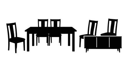 Fototapeta premium Silhouette of dining table with four chairs sideboard black silhouette sideboard two illustration background furniture interior simple with decor
